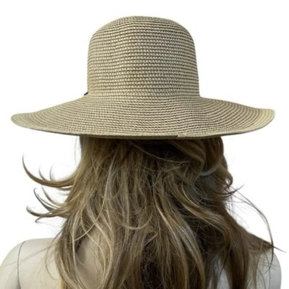 Smith & Hawken Wide Brim Straw Sun Hat Black Ribbon Chin Cord Natural Tan VG